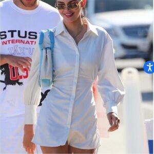 Danielle Guizio Rouched Drawstring White Satin Shirt Dress